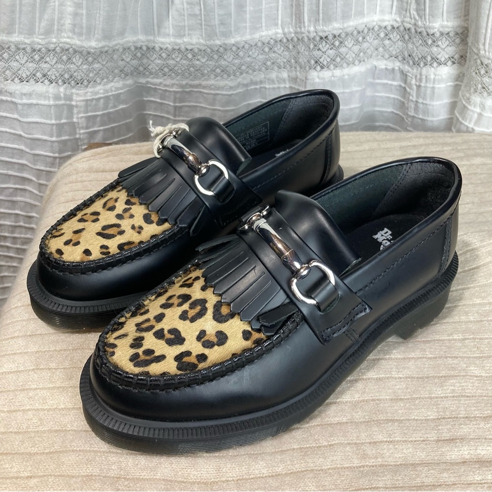 New Dr. Martens Adrian Snaffle Horsebit Loafers Black Leopard Women’s 5